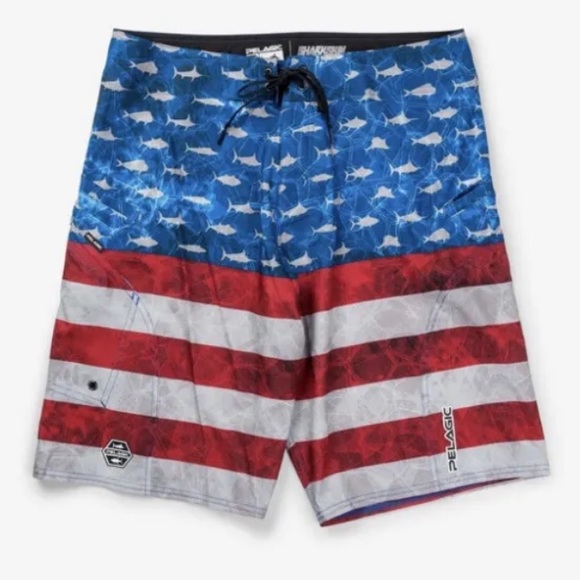 Pelagic Sharkskin Americamo Fishing Shorts Americamo Blue White Red Multi